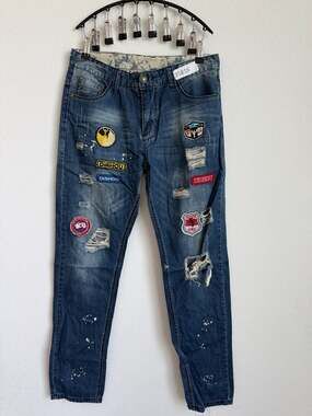 Dishou Distressed Patched Splatter Ripped Faded Dark Skinny Jeans Mens Size